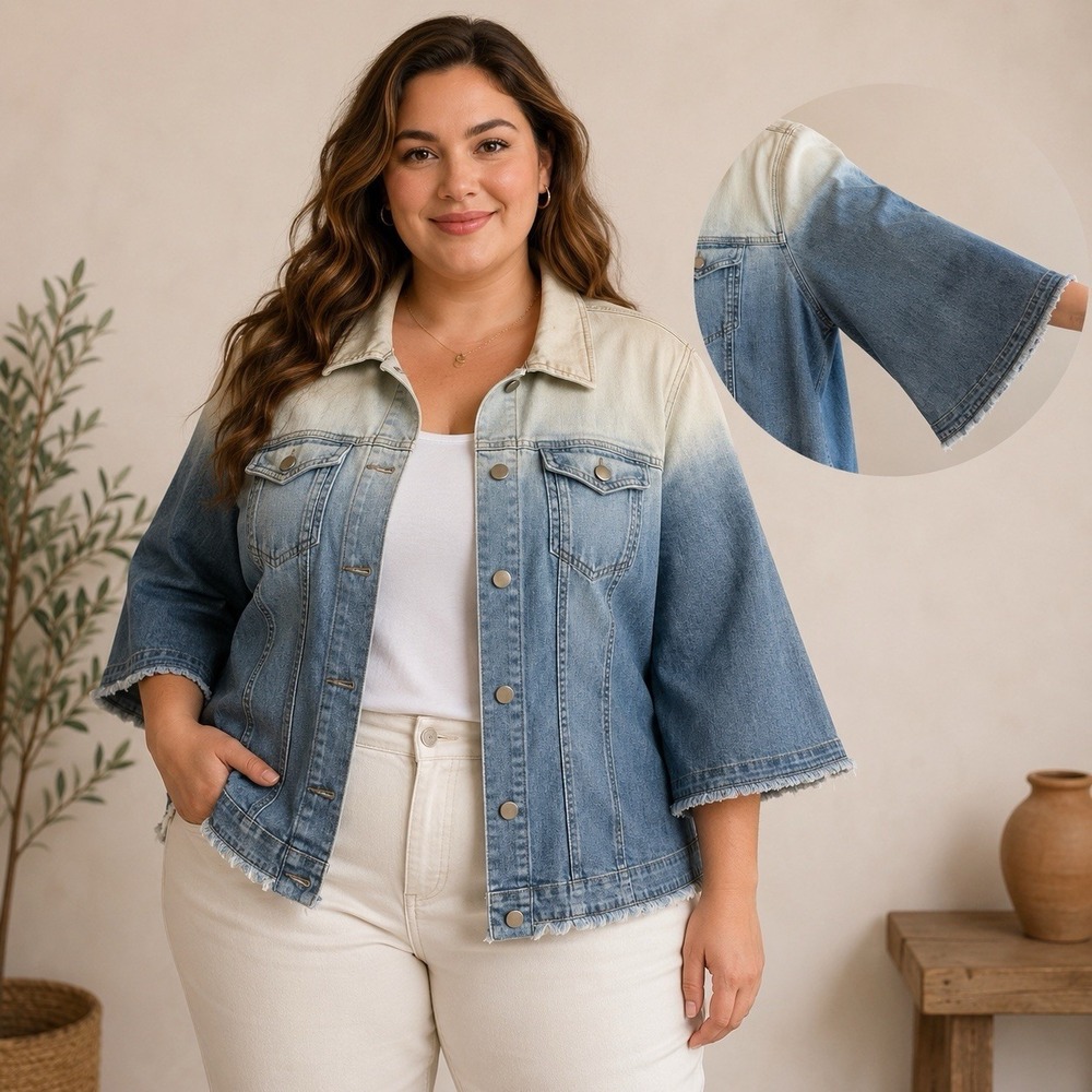 Chicos Crop Jean Jacket Ombre Blue Flare Sleeve Raw Edge Boho Soft Size 3‎ XL